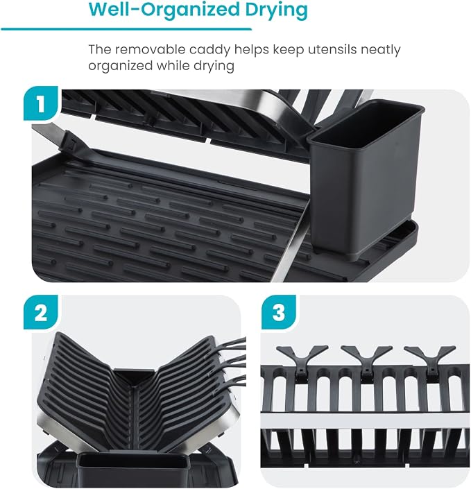 Home Zone Living Dish Drying Rack for Kitchen Counter | X-Shape Foldable Design with Drip Tray and Holder for Utensils and Wine Glasses