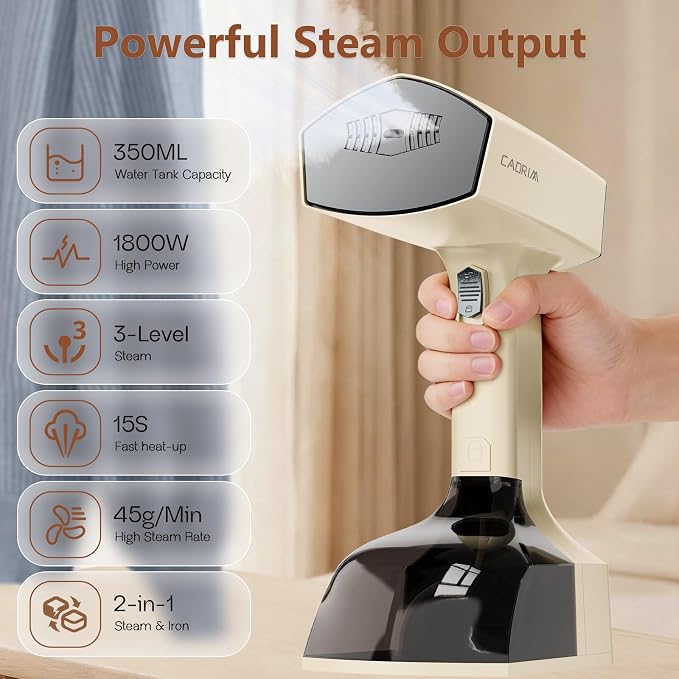 Cadrim Steamer for Clothes,Portable Handheld Fabric and Garment Steamer Iron Press Wrinkle Remover with Lint Remover & Fabric Brush – White