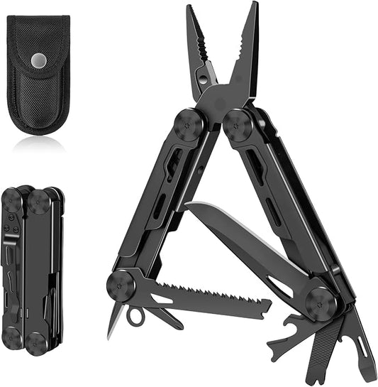 Multitool, 14-in-1 Stainless Steel Foldable Multi Tool with Wire Cutter, Knife, Saw, Screwdrivers, Bottle/Can Opener, Multitools with Pocket Clip for EDC, Camping, Hiking, Repairing, Black