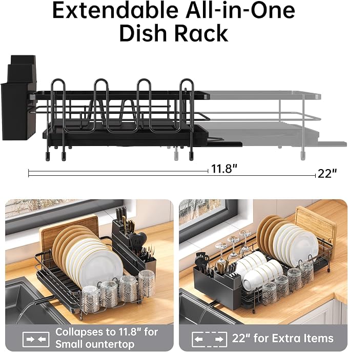 Foldable Drying Dish Rack for Kitchen Counter, Drying Rack Kitchen Sink Organizer, Sink Dish Drainer with Plate Holder, Small Kitchen Dish Strainer & Dish Dryer Organizer, Adjustable 13.7"-22.83"