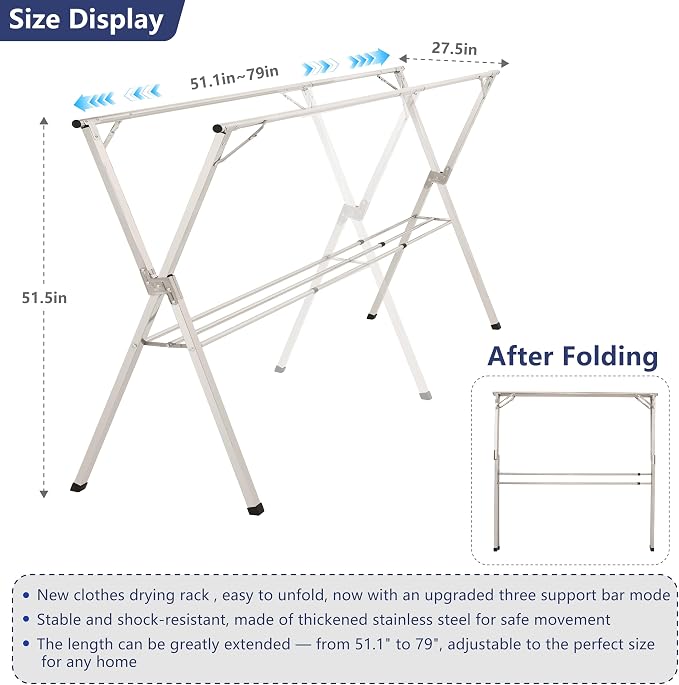 shengshi 79in Foldable Clothes Drying Rack,3 Additional Reinforcement Bars | Heavy Duty Stainless Steel Laundry Drying Rack Indoor Outdoor, Adjustable Length Clothes Rack with 20 Windproof Hooks