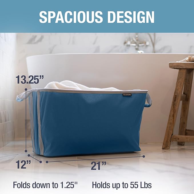 CleverMade Collapsible Laundry Basket, 60L, 2 Pack, Denim | Each basket supports 55 lb and stays upright while loading, then folds to 1.25 inches for closets, dorms, and RVs.