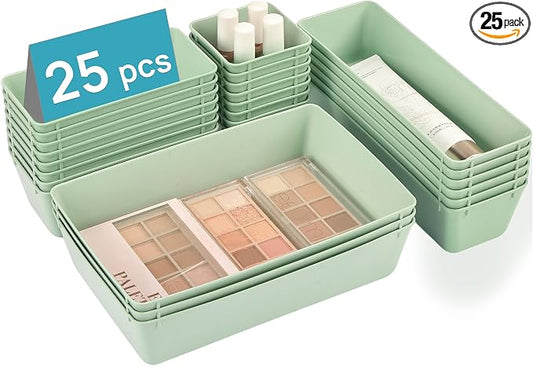 Vtopmart 25 Pack Plastic Drawer Organizers with Non-slip Rubber Pads | 4-Size Versatile Makeup Organizer, Storage Containers Small Bins for Makeup, Jewelries, Bedroom, Kitchen Utensils and Office