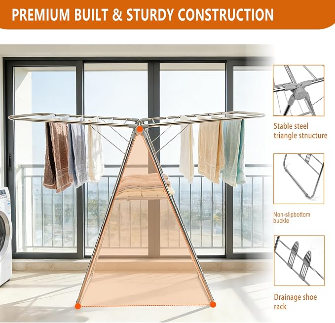 Clothes Drying Rack Foldable -Height Adjustable Laundry Drying Rack Large Space, Winged Laundry Rack with Sock Clips for Hanging Towels Clothes Dress Bedding Indoor Outdoor, Gray