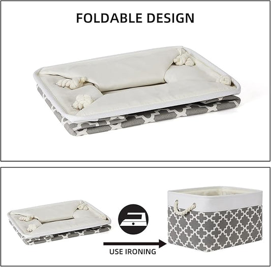 Bidtakay Basket Storage Bins Baskets for Organizing Set of 3 Collapsible Cloth Storage Linen Closet Organizer 15 X 11 X 9.5 Inches Large Foldable Baskets for Shelves (White&Quatrefoil Grey)