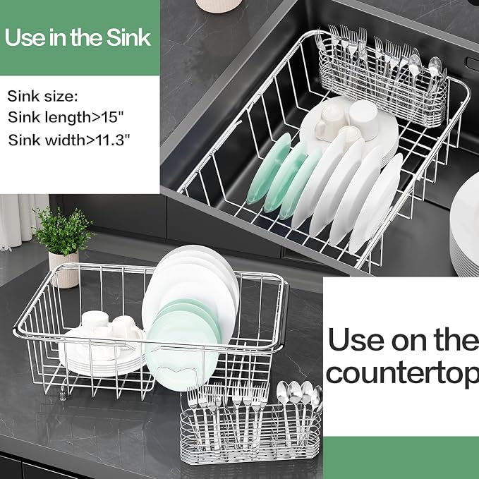 Large Sink Dish Drying Rack, Expandable 304 Stainless Steel Metal Dish Drainer Rack Organizer Shelves with Stainless Steel Utensil Holder Over Inside Sink, Rustproof