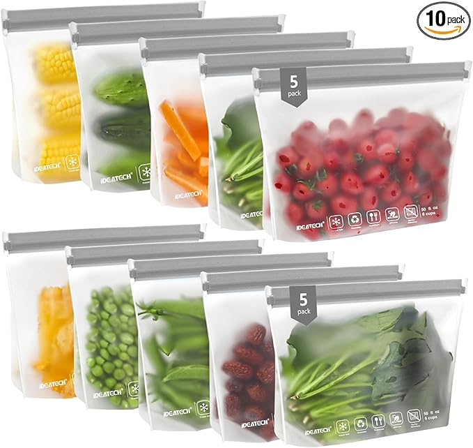 IDEATECH Quart Freezer Bags, BPA Free PEVA Reusable Sandwich Snack Bags, Quart Size Food Baggies Containers for Travel, Lunch, Healthy Food (Grey, 10Pack-10Quart)