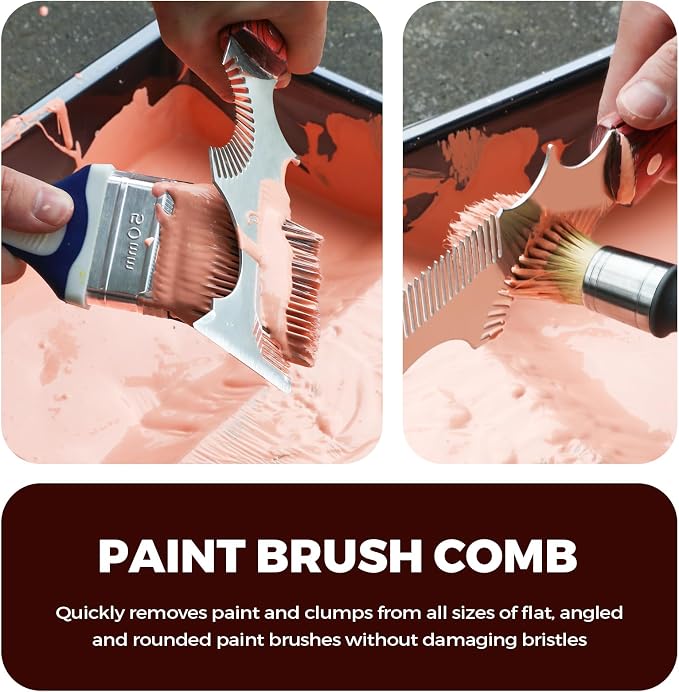 8-in-1 Paint Brush Comb and Paint Roller Cleaner Tool | with Can Opener, Solvent-Resistant Stainless Steel Teeth, Beech Wooden Handle, Putty Scraper,All Paintbrush & Roller Cleaning