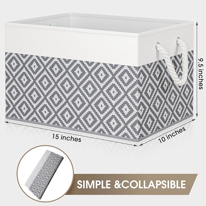 StorageTastic Storage Bins, 3-Pack Large Storage Box with Rope Handles, Collapsible Storage Basket for Organizing Books, Clothes, Rhombic Grey