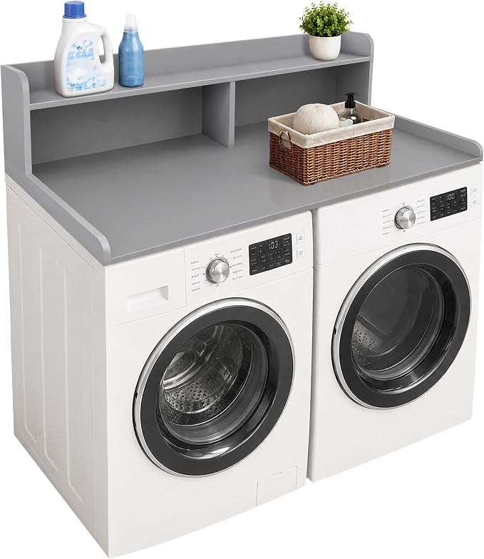 Royxen Laundry Countertop with 2-Tier Shelf Universal Fit, Washer and Dryer Countertop with Storage Space, Shelf Height 11.5 Inches, Solid Wood Core, Grey