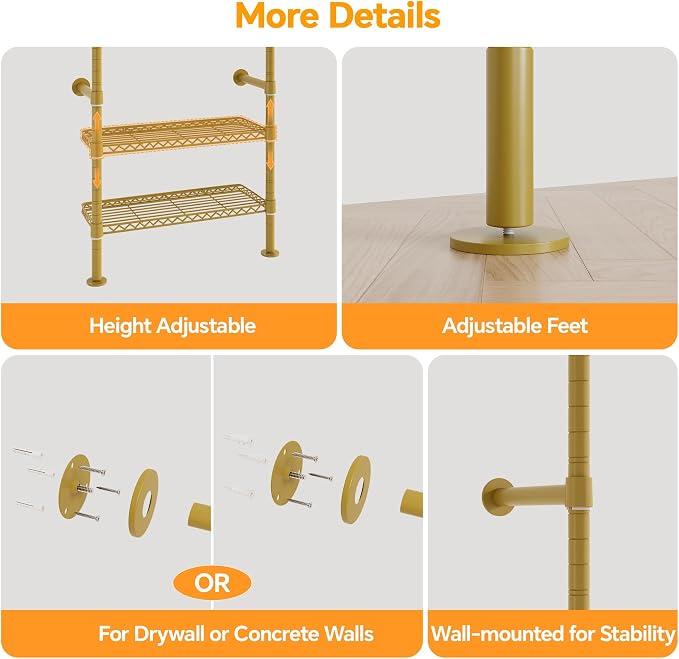 Higeego W4 Wall Mounted Clothes Rack, Industrial Pipe Clothing Rack, Garment Rack with 6 Hanging Clothes Rods Double Expandable Rods & 6 Adjustable Shelves, Heavy Duty Corner Wardrobe Racks, Gold