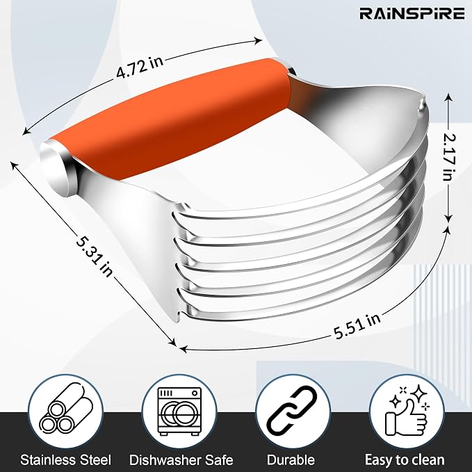 Rainspire XL Pastry Cutter For Baking, Heavy Duty Pastry Blender Stainless Steel, Thick Sharp Blades Dough Blender, Dough Cutter Butter Cutter Pastry for Easy Mixing, Dishwasher Safe (Orange)