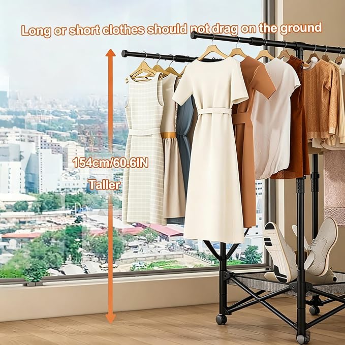 Foldable Collapsible Rolling Clothes Drying Rack,Adjustable Double Rods Laundry Airer(33.1–56.7"),Carbon Steel Pipe Standing Garment Rack for Indoor Outdoor Laundry Room (Black, B)