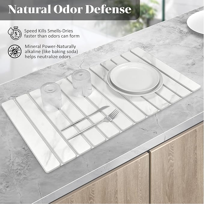 Extra Large Stone Dish Drying Mat for Kitchen Counter, 28"×16" Marble-Pattern Mat with 8"x 4" Coasters, Non - Slip Collapsible Absorbent Mat for Multi - Purpose, Match Any Countertop【White】