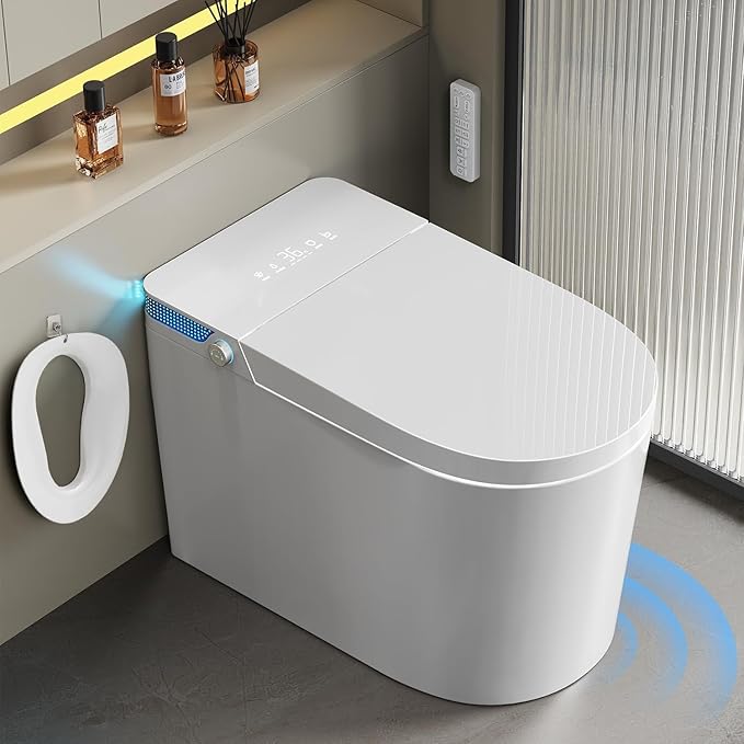 Smart Toilet with Bidet Built-in: Toilet Bidet with Dryer, Child Seat, 4 Wash Modes, One Piece Toilet with Heated Seat, Foam, Dual Flush, UV-C Night Light, Remote, Foot Sensor, Auto Flush Lid&Seat