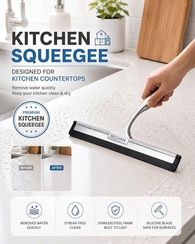 MOVAN Shower Squeegee for Glass Doors with Replacement Silicone Blade – 304 Stainless Steel Frame, 10 Inch, Streak-Free Bathroom Window Wiper with Adhesive Hook, Black