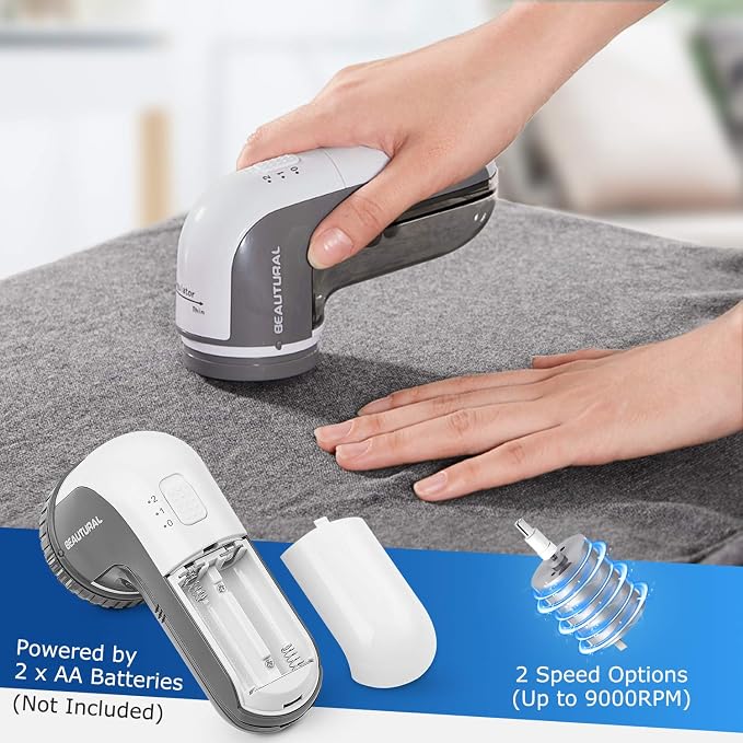 BEAUTURAL Fabric Shaver and Lint Remover, Portable Sweater Defuzzer | Battery Operated, 2 Speeds, 2 Replaceable Stainless Steel Blades, Remove Clothes Fuzz, Lint Balls, Pills, Bobbles