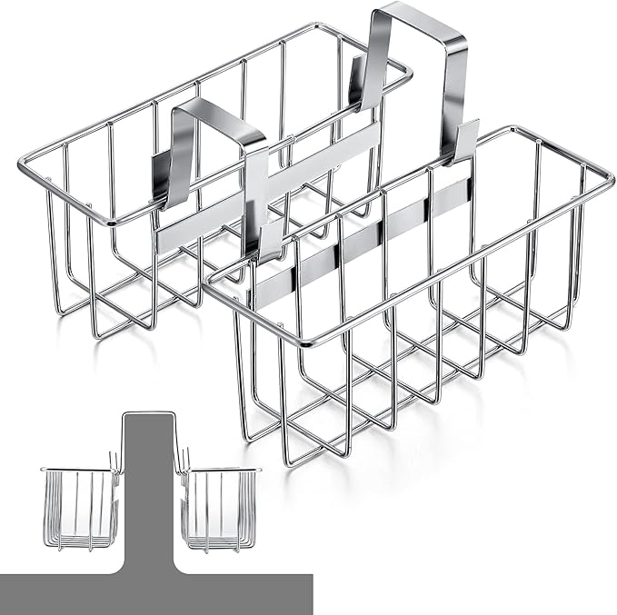 Hotop 2 Pieces Sponge Holder Kitchen Sink Caddy Metal Sink Organizer Basket for Scrubber Soap Towel Brush Dishwashing Liquid Drainer Rack in Kitchen Bathroom Bathtub, Silver