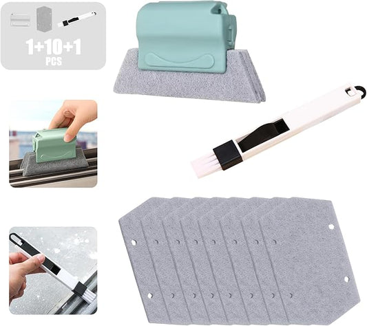 Window Groove Cleaning Tools Set,Small Multipurpose Track Brush with dustpan,Magic Gap Scouring Pad with 10 Replacement Sponge,Sliding Door Slot Cleaner Tools,Hand-held Family Sill Crevice Clean Scrub