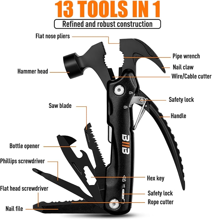 BIIB Gifts for Men, 13 in 1 Hammer Multitool, Birthday Gifts for Men Dad | Christmas Gift for Mens Stocking Stuffers for Adult, Mens Gift for Dad Him, Camping Essentials Survival Gear Tool Gadgets