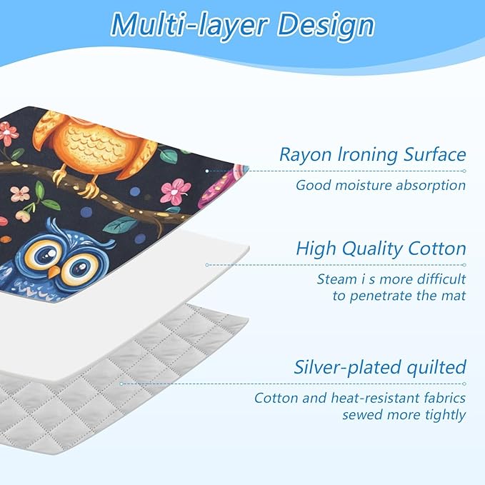 Vibrant Owls Branches Flowers Spring Ironing Mat Portable Ironing Pad Blanket with Silicone Iron Rest for Table Top Travel Heat Resistant Double-Side Using Large 47x28 Inch Foldable