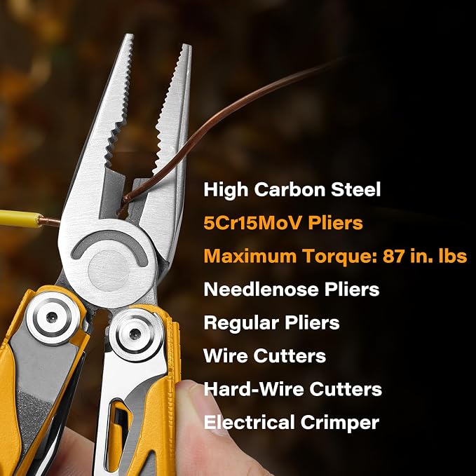 21-in-1 Multi Tool Pliers w/Safety Locking & Spring-Action Scissors | Heavy-duty Stainless Steel Multi-tool Set with Nylon Sheath for Work, Home, Garden, DIY & Auto, Maple Yellow