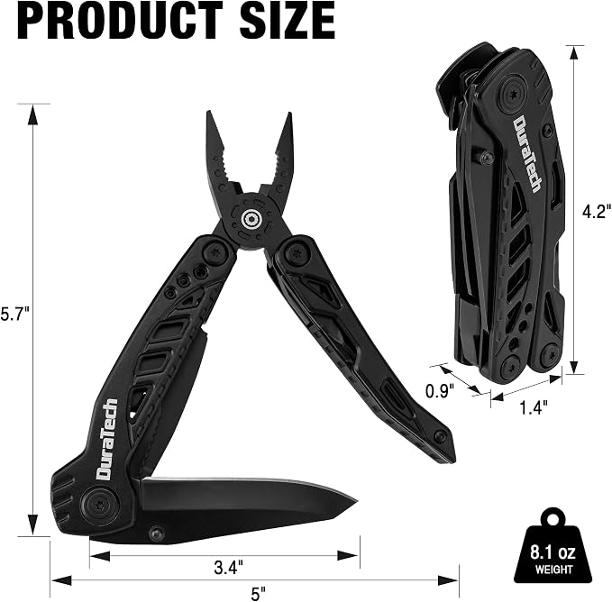 DURATECH 11-In-1 Multitool Knife, Multi Tool Pocket Knife, EDC Multi-Tool | Gift for Men, Stainless Steel, Large Blade, Pliers, Screwdrivers, Saw, Oxford Sheath, For Outdoor, Camping, Survival