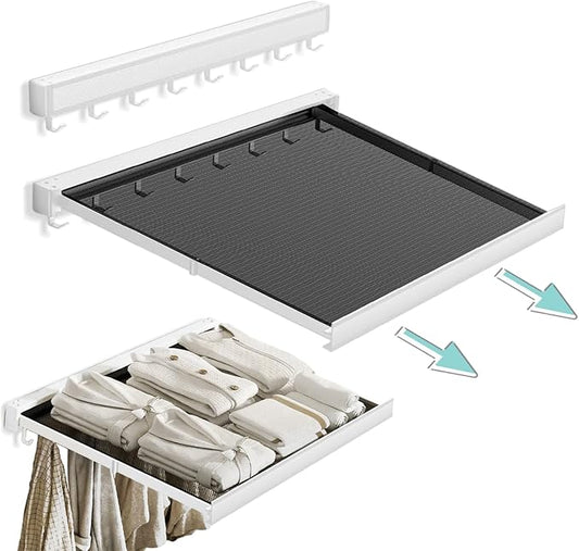 LETINE Wall Mounted Drying Rack: Retractable Indoor Clothes Drying Rack – Aluminum Alloy Frame w/Soft Mesh Surface. Laundry Rack & Temp Shelf for Balcony, Bathroom, Kitchen. with 6 Hooks (White, M)