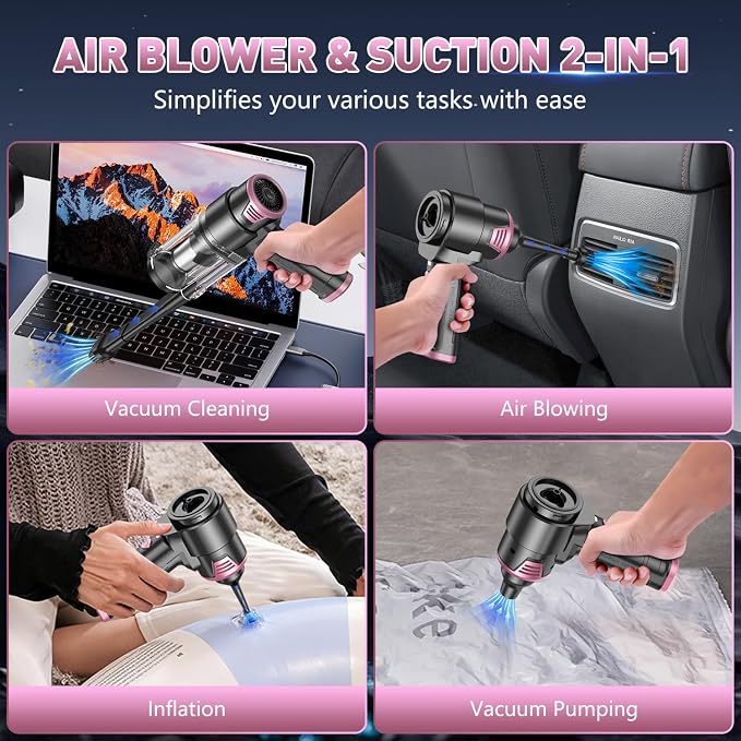 KMM Handheld Car Vacuum Cleaner, Hand Held Car Vacuum & Air Duster | 16000PA Strong Suction, 120W High Power, Cordless, Portable, Rechargeable, Multi-Nozzles & LED Light, For Home, Car, Office