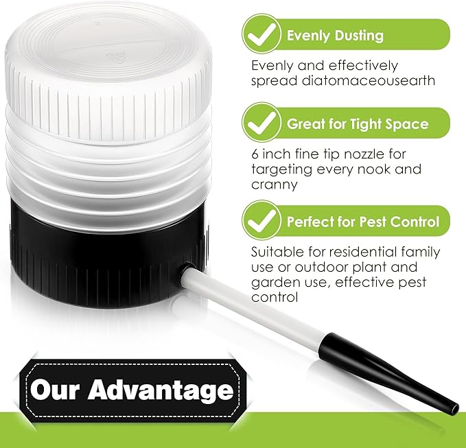 1 Pack Diatomaceous Earth Powder Duster with 6 Inch Fine Nozzle | Refillable Handheld Dust Applicator, Lightweight Powder Sprayer for Precise Application in Cracks Corners Baseboards (Black)
