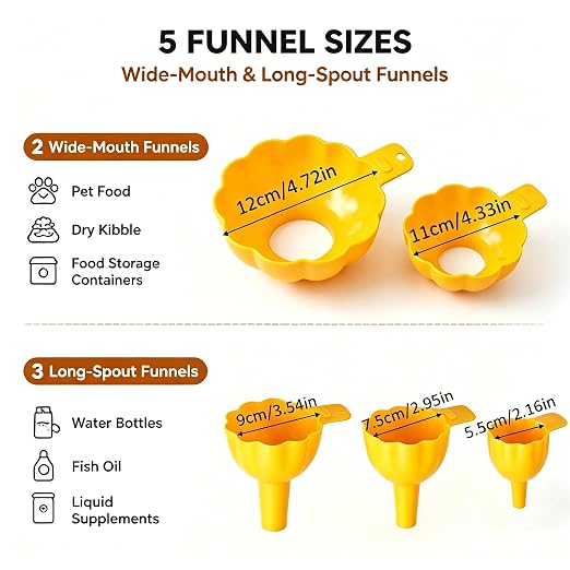 9 PCS Pet Food Funnel Set for Automatic Feeders & Water Dispenser, Thickened PP Wide Mouth Funnel Kit with Filters & 2 Hooks, No Spill Funnel for Cat Dog Food, Treats,Dry Kibble & Liquid Refill