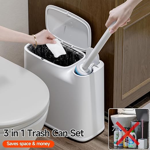 CTIME Bathroom Trash can Set, 2 Gallon White Small Trash Can with Lid, Disposable Toilet Brush, Storage Caddy and 12 Refills, Slim Garbage Can for Bathroom, RV