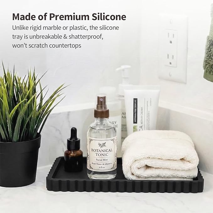 Silicone Bathroom Vanity Tray, Sink Caddy for Dish Soap Dispenser, Sponge Holder for Kitchen Sink, Rectangle Bathroom Countertop Organizer for Perfume, Jewelry, Candle (9.9” * 6”, Black)