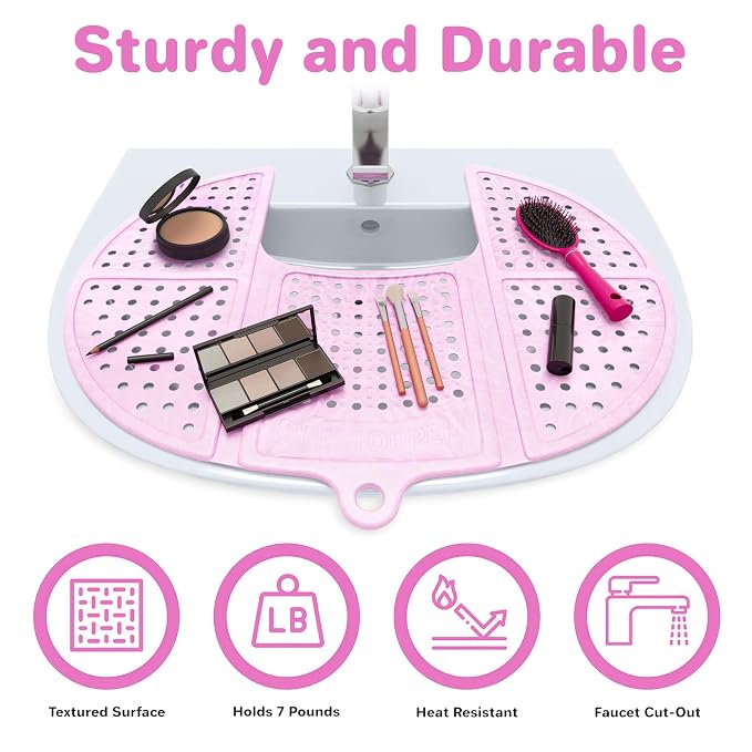 Sink Topper Bathroom Sink Cover for Counter Space, Standard Pink | Holds up to 7 lb on a steel frame; fits over basins to 19 in; 480°F silicone, hot tools; foldable makeup mat; RV, camper