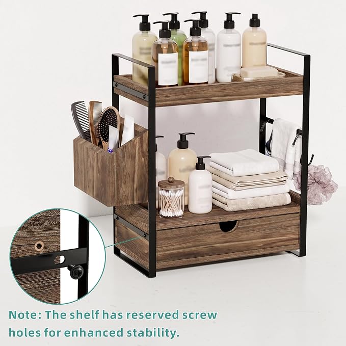 Kottwca 2-Tier Bathroom Counter Organizer with Drawer, Basket & Hooks, Wooden Vanity Shelf for Skincare, Perfume & Makeup Storage(Dark Brown)