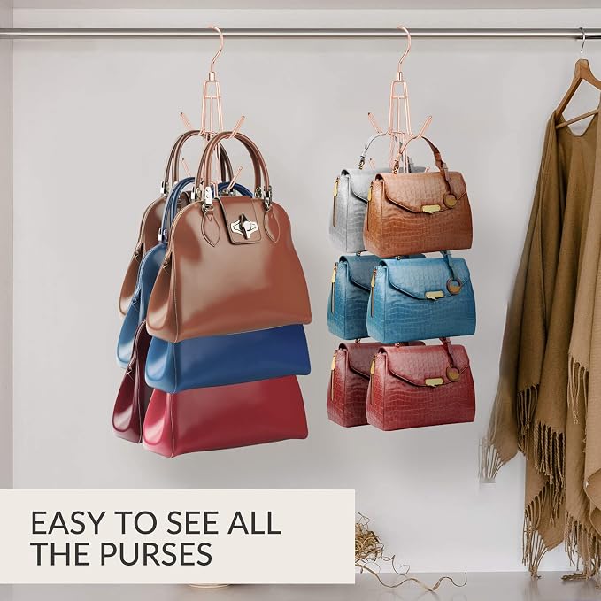 ZEDODIER 2 Pack Purse Organizer for Closet, Heavy-Duty Hanging Purse Hanger Closet Holds Up to 12 Purses, Metal Rotating Space Saving Bag Holder Handbag Storage Hook Backpack Rack, Rose Gold
