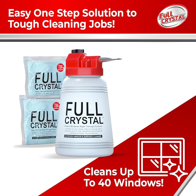 Full Crystal Window Cleaner, Bottle + 8oz Powder, Cleans Up to 40 Windows