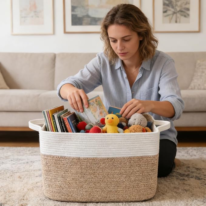 65L Laundry Basket with Handles, Woven Blanket Basket, White/Brown | 21"×16"×12" Collapsible Cotton Rope Storage Basket for Toys Clothes & Pillows, Nursery, Bathroom, Bedroom, Living Room