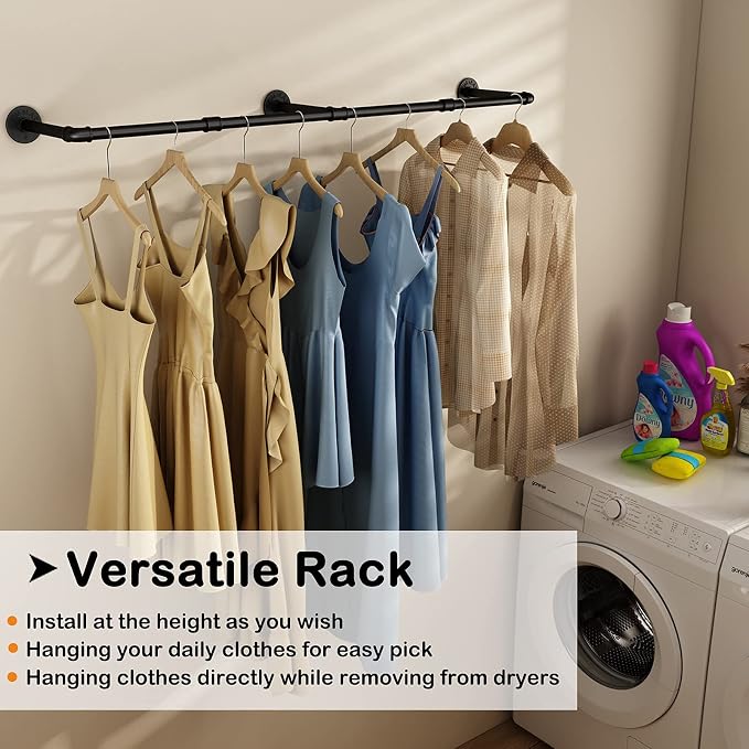 Wall Mounted Clothes Rack 72.5in, Industrial Pipe Clothing Racks Wall Mount, Heavy Duty Detachable Iron Garment Bar, Saving Space, Multi-Purpose Hanging Rod for Bedroom, Laundry Room, 2 Packs