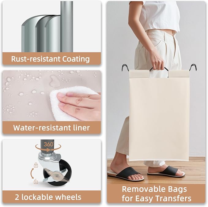 STORAGE MANIAC 5 Section Laundry Sorter, 5 Bins Rolling Separator Laundry Basket, Dirty Clothes Hamper Divider with Heavy Duty Lockable Wheels, Large Clothes Organizer Cart, Beige