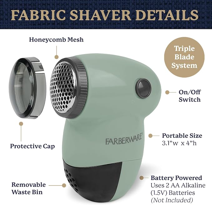 Farberware Fabric Shaver & Lint Remover for Clothing, Small, Portable | Triple blade sweater shaver removes pilling, fuzz, and lint balls from clothes, couch, and furniture, battery operated