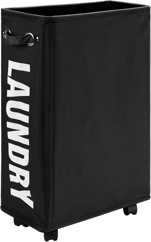 DOKEHOM 25" Slim Rolling Laundry Basket Hamper, Narrow on Wheels, Black | Collapsible narrow laundry hamper with mesh drawstring closure. Foldable corner clothes storage bin for small spaces