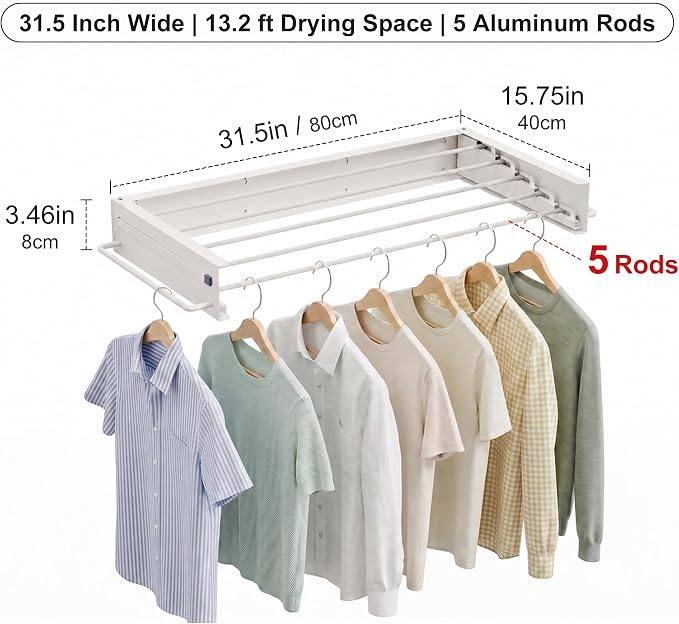 JOOM Wall Mounted Clothes Drying Rack,31.5 Inch Foldable Rack,White,Poles | 5 Aluminum Rods, 60 lb Capacity Collapsible Wall Mount Laundry Drying Rack for Laundry Room, Bathroom, Balcony
