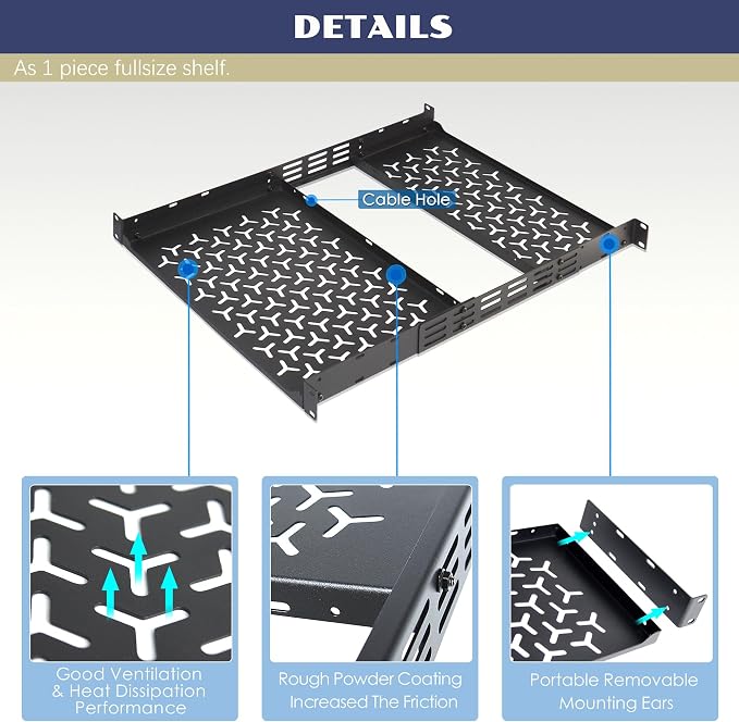 1U Rack Shelves (2-Pack), 1 PCS 8" Deep Cantilever & 1 PCS 12" Deep Cantilever, with Optional Joints to Combine as One Full Size Server Rack Shelf