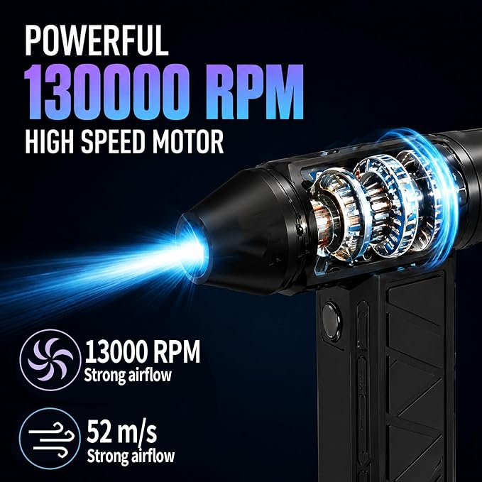 Compressed Air Duster, 130000 RPM Electric Air Duster, for Keyboard, Car | 4-Speed Adjustable Rechargeable Blower Gun, Portable and Reusable Air Blower for Computer and Cleaning Fallen Leaves