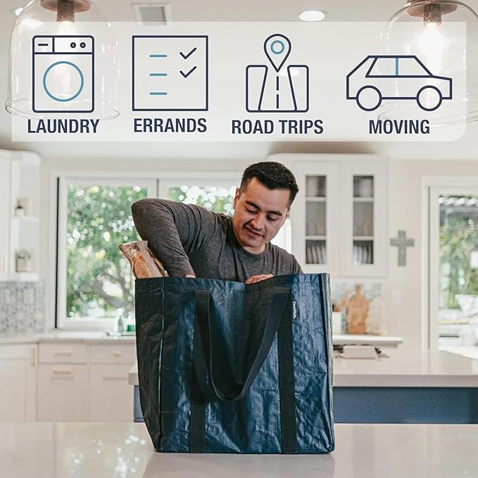 CleverMade Open-Top Storage Tote, 42L, 2 Pack, Transparent | Structured sides stay upright for grocery, laundry, beach, or delivery loading. Reinforced handles carry repeat-use loads.