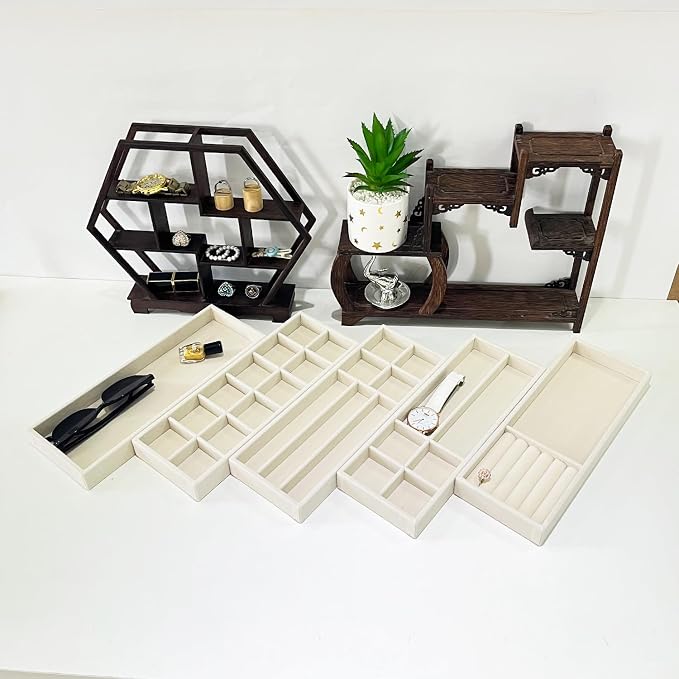 Divided Drawer Organizer Tray, Velvet Jewelry Storage Tray, Necklace Bracelet Ring Earring Display Tray,Bedside Nightstand Desk Holder Tray for Phone Watch Sunglasses Cosmetics Storage/Beige/2grid