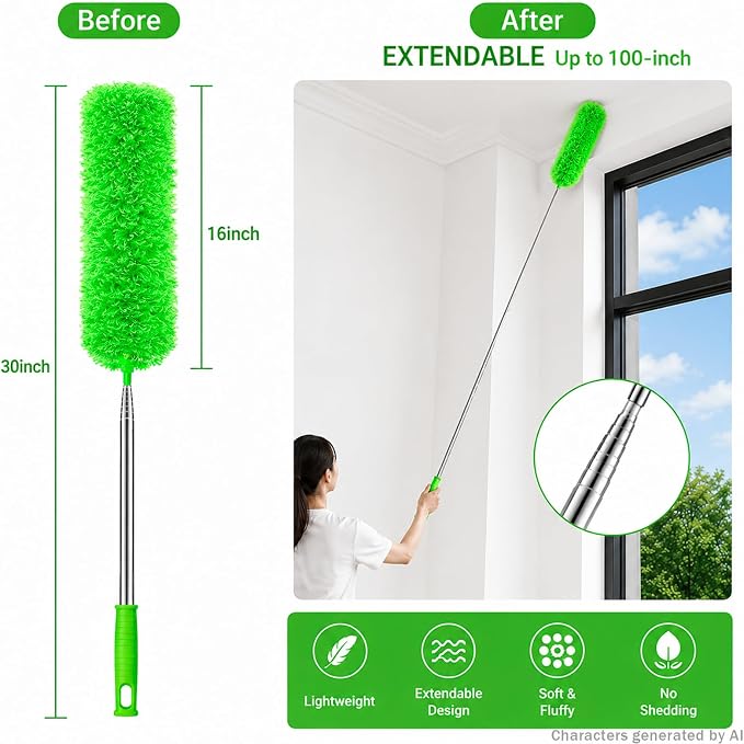AZUN Microfiber Duster for Ceiling Fans, 30-100 in Telescoping Pole, Green | Microfiber traps dust. Long duster for high ceilings. Cleans ceiling fans, blinds and cobwebs. Washable and reusable.