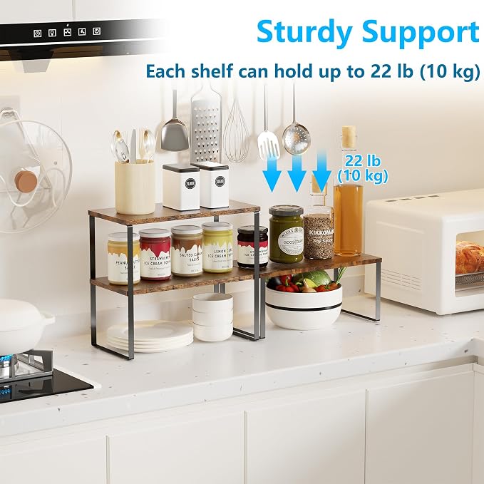 Golener Kitchen Counter Organizer, Countertop Shelf, Adjustable, Stackable | Kitchen Countertop Organizer, Spice Rack, 2-Tier Countertop Shelves, Corner Desk Shelf, Corner Counter Shelf, Rustic Brown