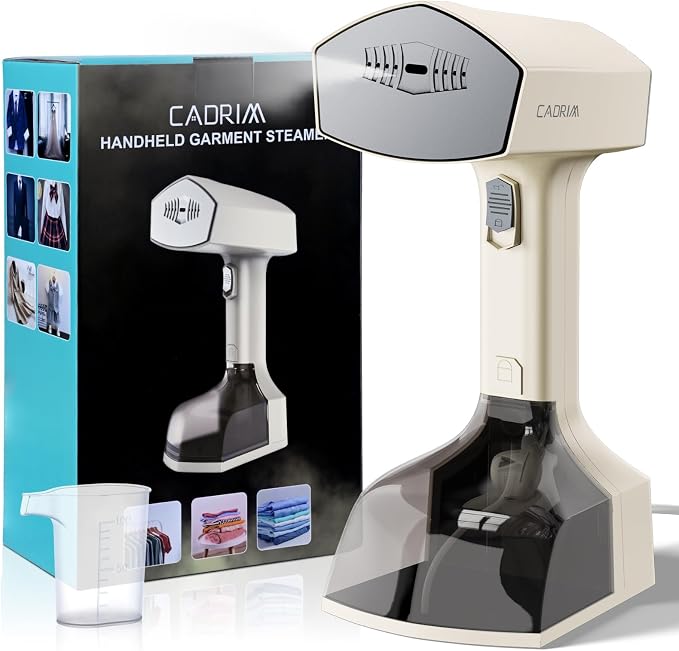 Cadrim Steamer for Clothes,Portable Handheld Fabric and Garment Steamer Iron Press Wrinkle Remover with Lint Remover & Fabric Brush – White